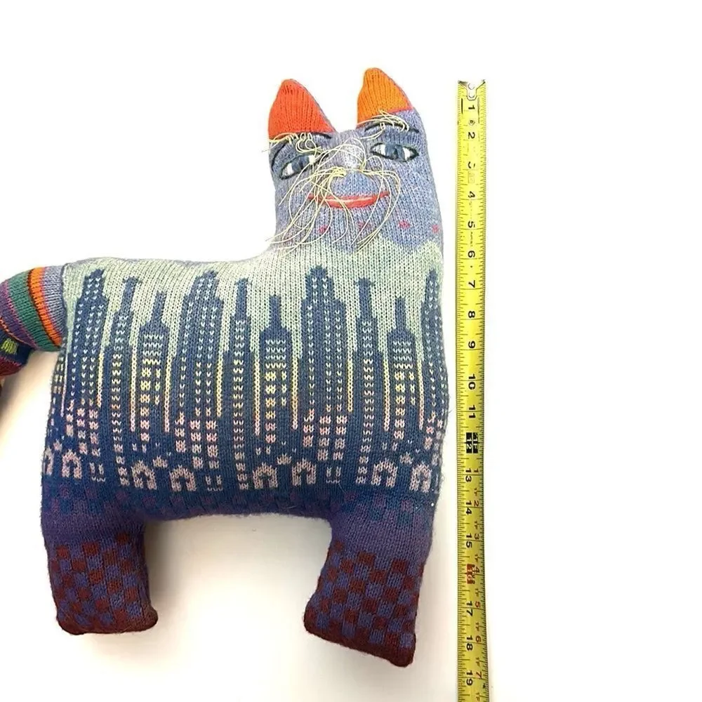 Pair Vintage 1986 Handloomed Wool Folk Art Cat Pillows Soft Sculptures Signed